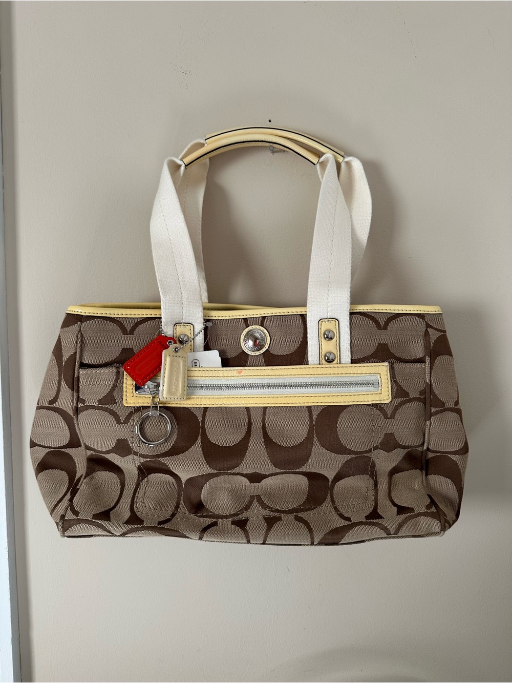 NWT Coach Daisy Tote Signature Khaki Yellow Patent Leather Handbag